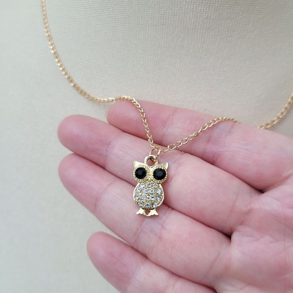 2/$20 Brand New Gold Tone Owl Rhinestone Necklace